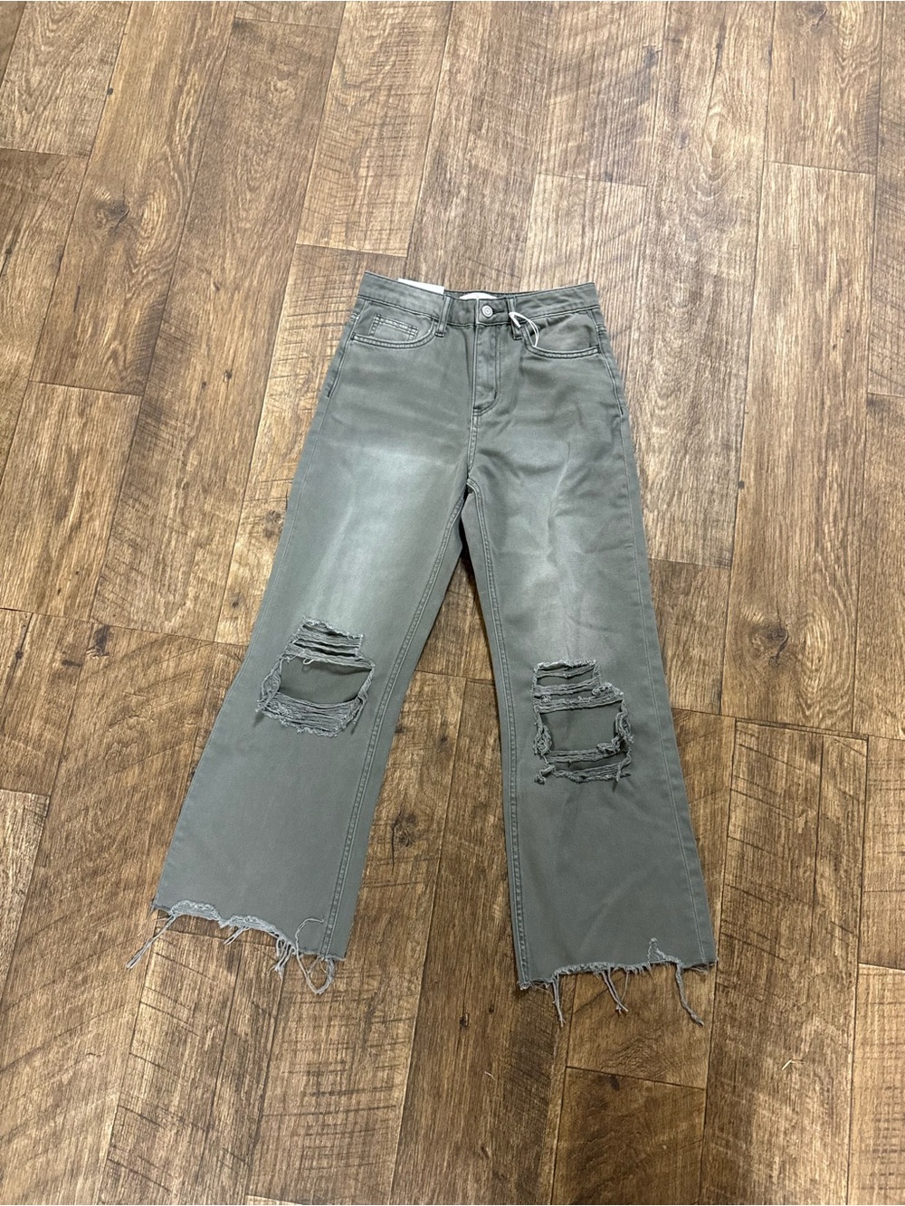 VERVET BY FLYING MONKEY Olive Green Wide-Leg Distressed Jeans